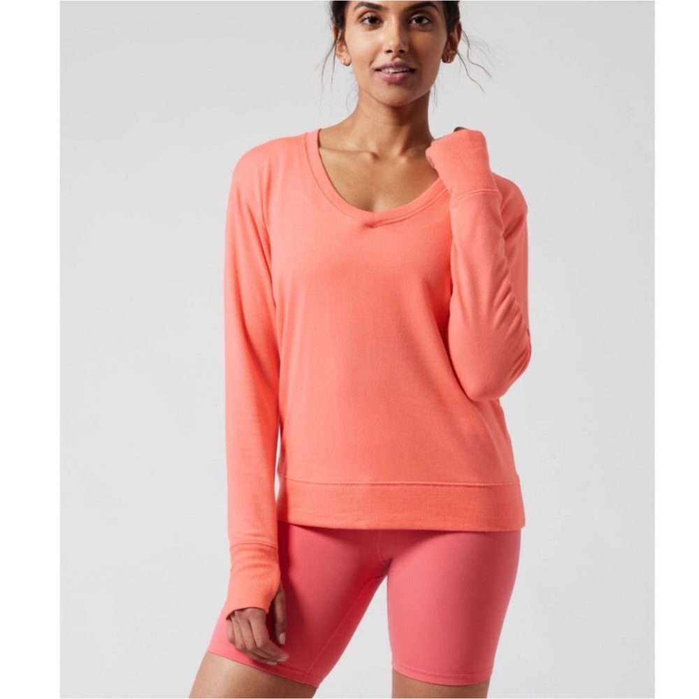 Athleta Willow Seasoft V Neck Sweatshirt: Sunset Glow Melon Pink Peach Medium